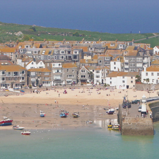 Video animation showing greeting card image of St Ives, with orange roofs, white sands, the harbour and St Ives Island