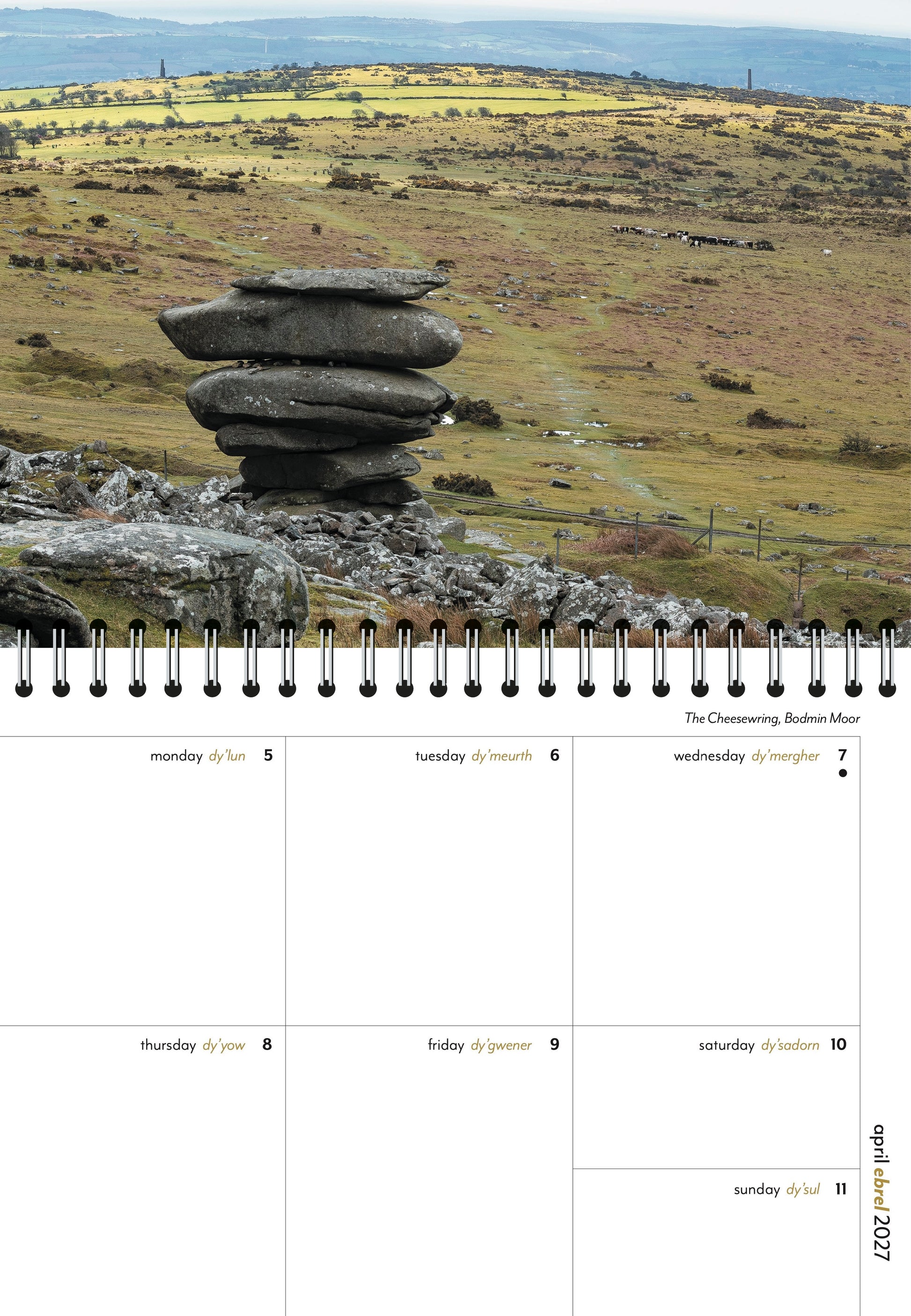 Inside a Cornish diary showing pages from April and an image of the Cheesewring on Bodmin Moor