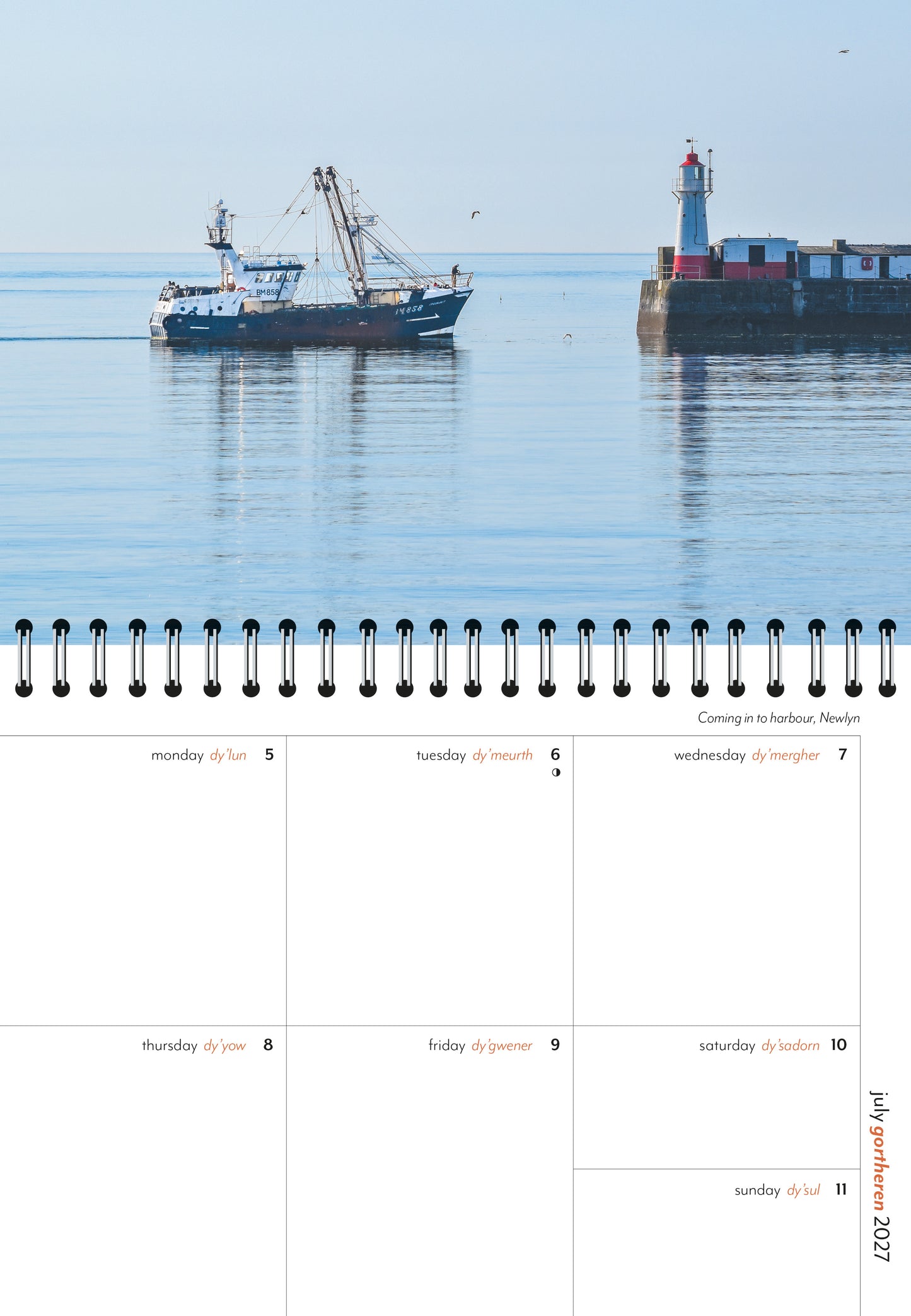 Inside view of pages in a Cornish diary, showing a fishing boat coming in to Newlyn harbour on a beautiful summer's morning