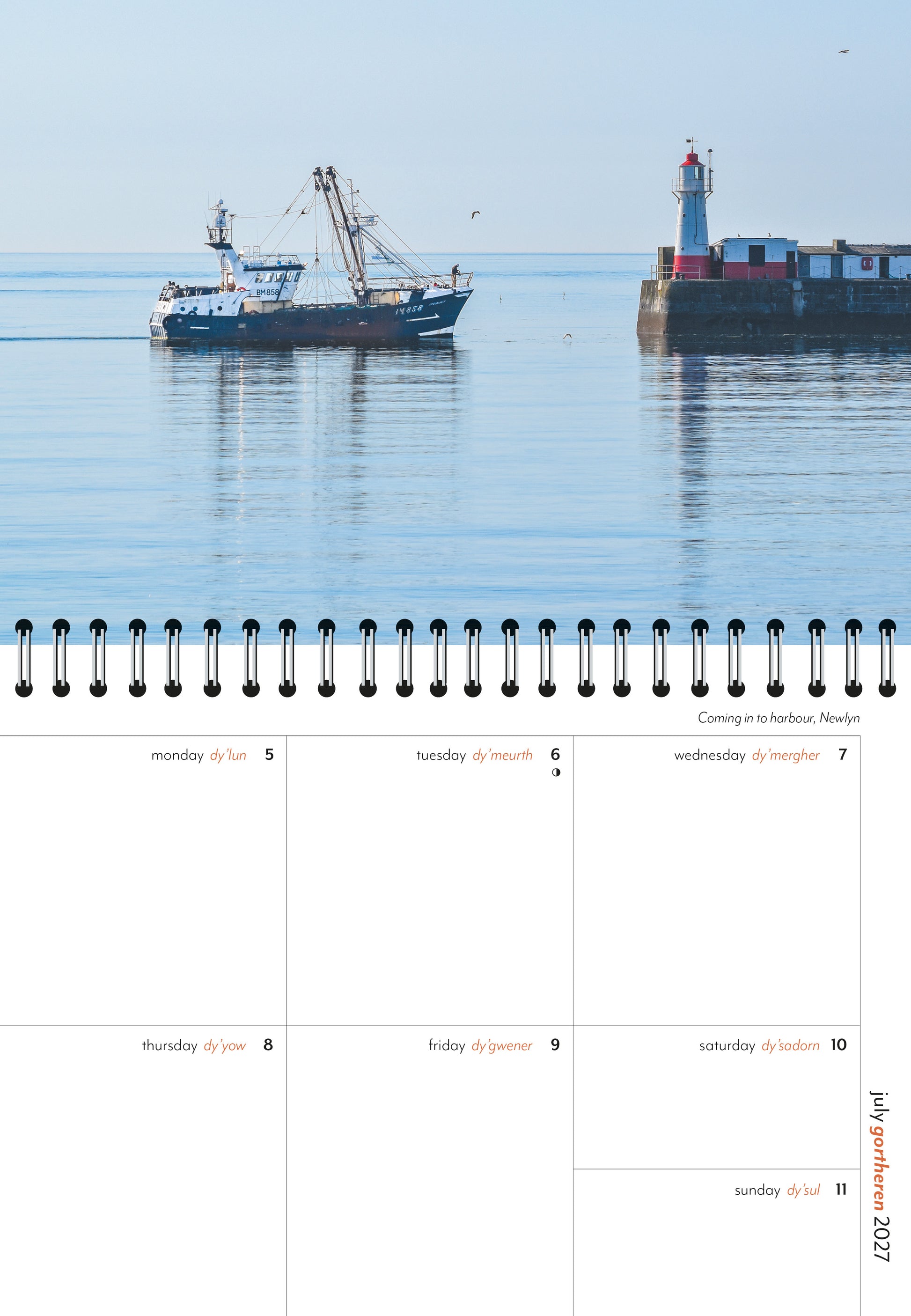 Inside view of pages in a Cornish diary, showing a fishing boat coming in to Newlyn harbour on a beautiful summer's morning